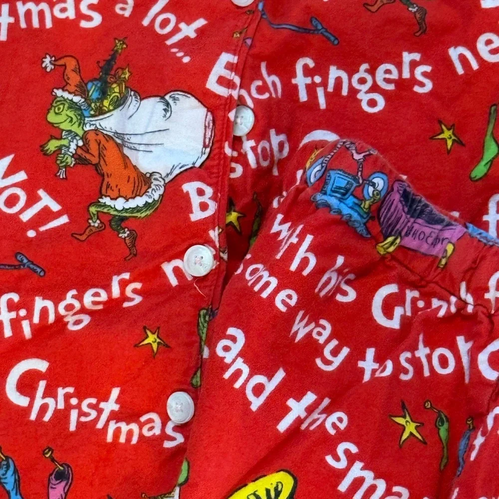 POTTERY BARN TEEN GRINCH FESTIVE PAJAMA SET SIZE SMALL RED CHRISTMAS Top Bottom
